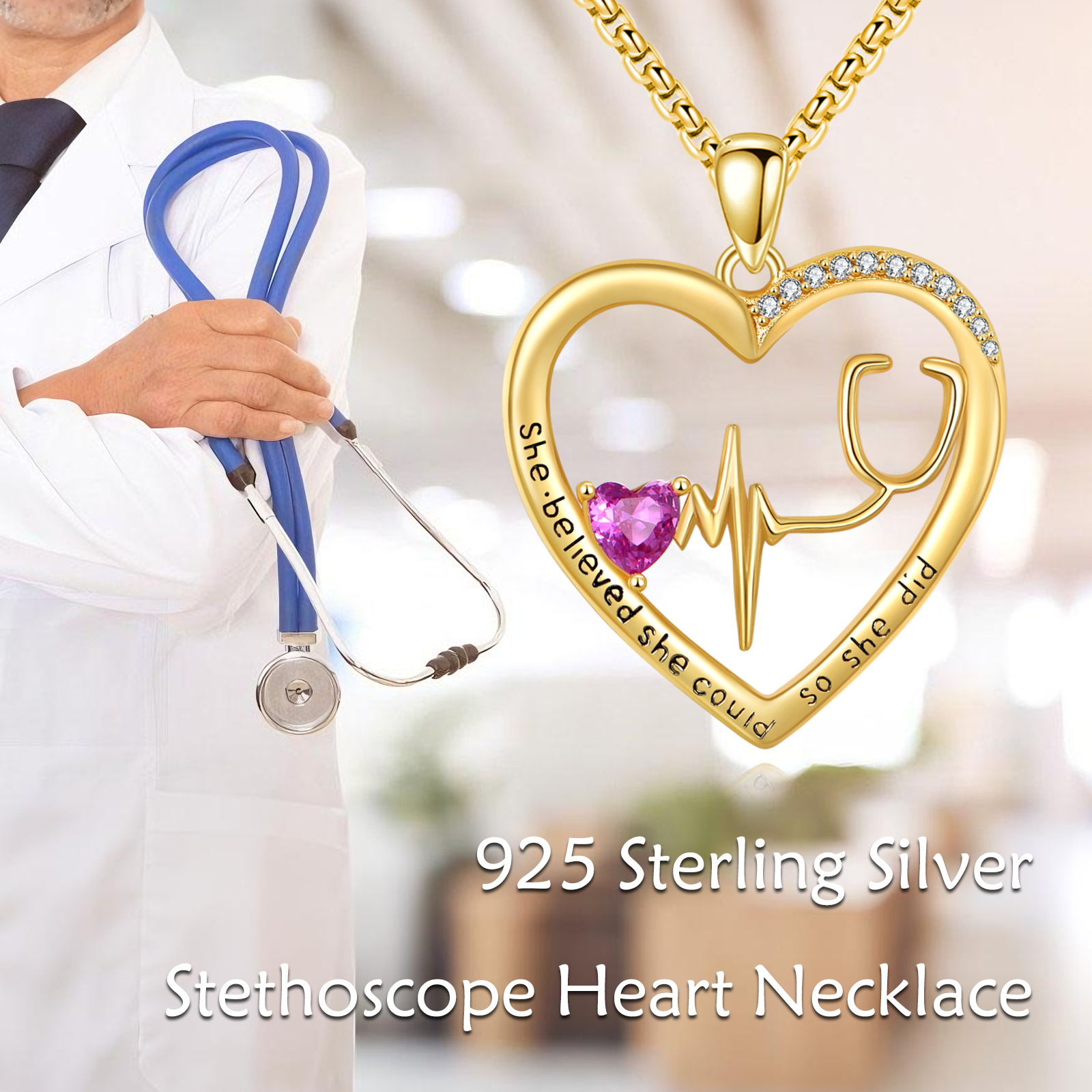 Women's Adjustable 925 Sterling Silver Heart Stethoscope Necklace